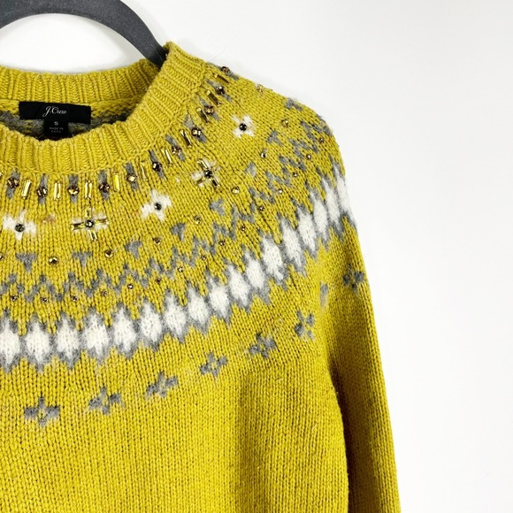 J Crew Fair Isle Beaded Lambs Wool Sweater Cozy Cottagecore Nordic Winter Size S - Picture 5 of 10